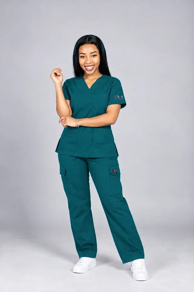 Professional wearing teal DRKT scrubs