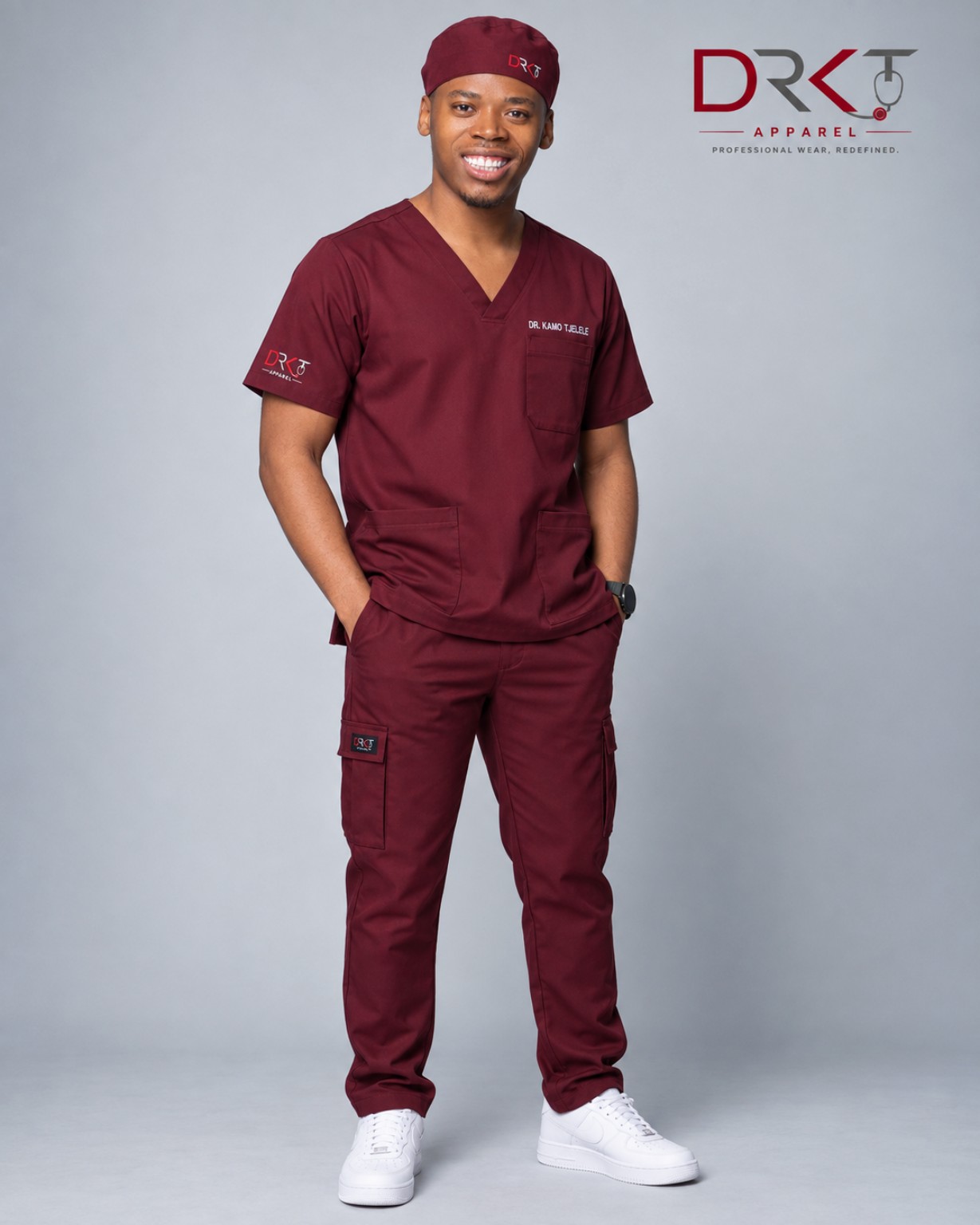 Male model wearing DRKT scrubs